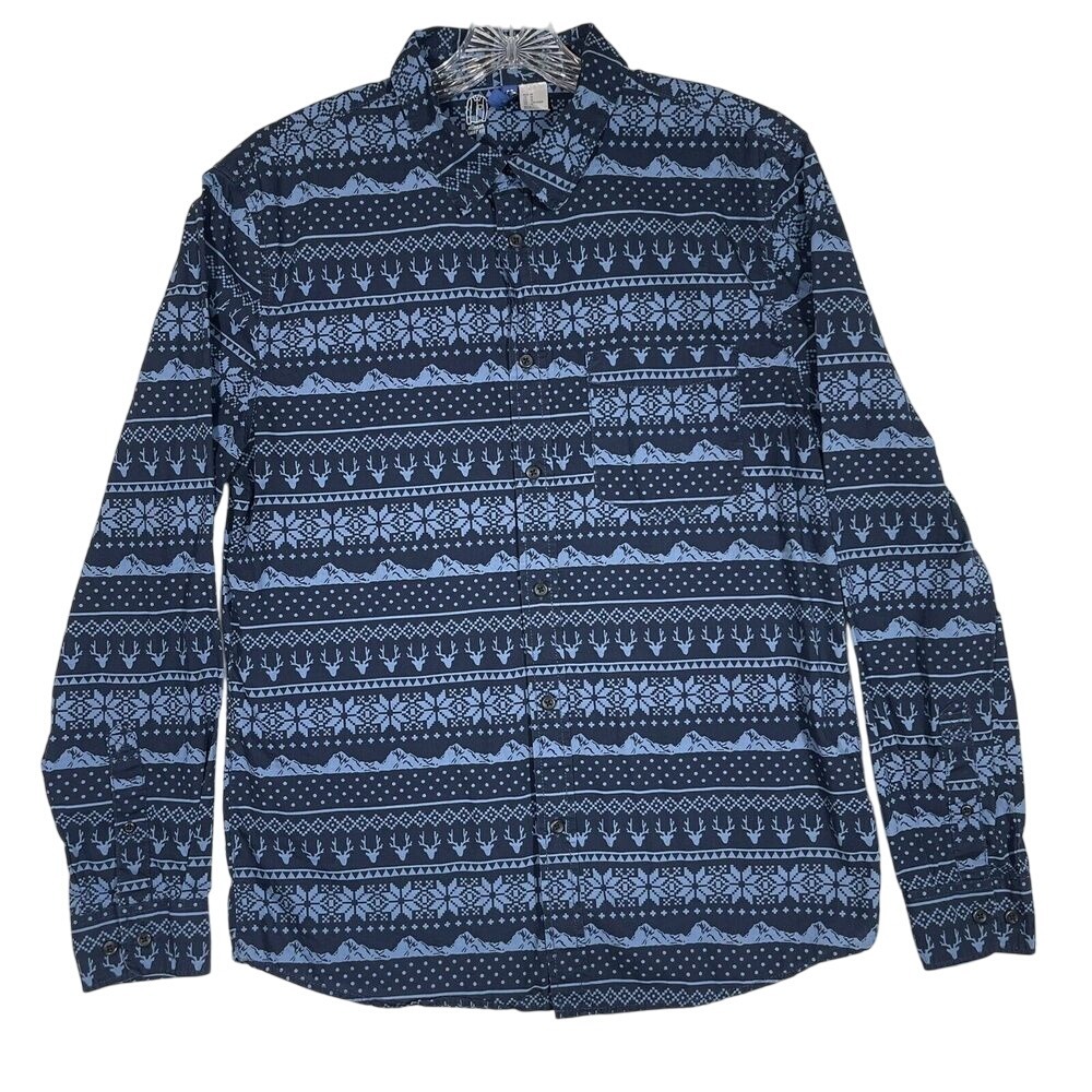 H&M Divided Mens Medium Shirt Blue‎ Long Sleeve Winter Holiday Pattern Snowflake